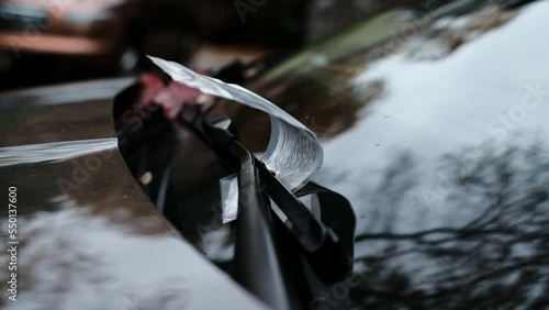 Parking ticket under car wiper on windshield blowing in wind.