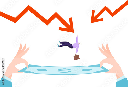 World economic crisis, financial meltdown management, tiny businessman fall dollar banknote flat vector illustration, isolated on white.