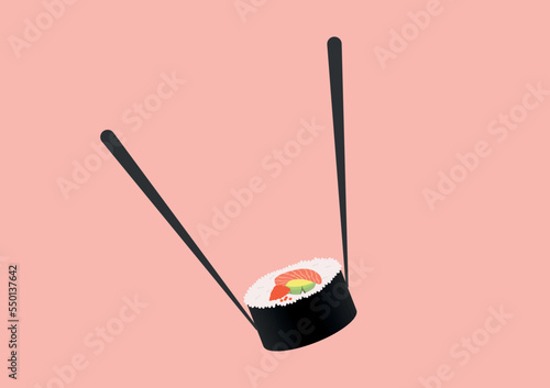 Sushi roll with chopsticks isolated on pink background