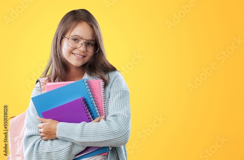 Happy young emotion girl on color background