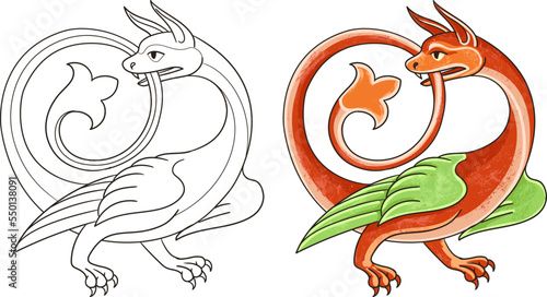 Medieval dragon biting its own tail. Manuscript decor. Isolated outline illustration for coloring page