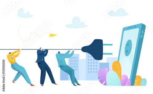 Modern world human disease, concept digital detox banner, group of people together pull mobile gadget plug flat vector illustration.