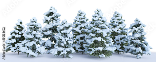 A group of pine trees covered in snow, 3D rendering