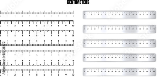 Realistic metal rulers with black centimeter scale for measuring length or height. Various measurement scales with divisions. Ruler, tape measure marks, size indicators. Vector illustration