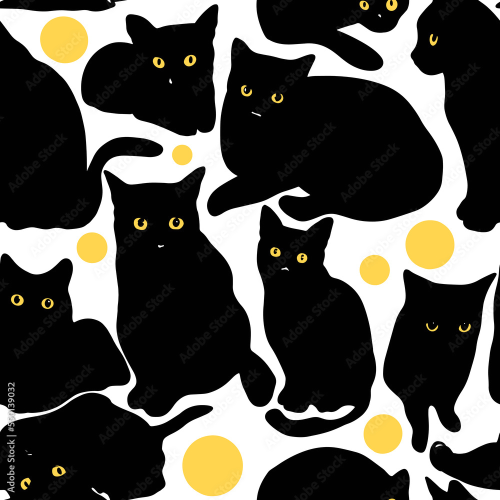 Black cats on white background seamless pattern