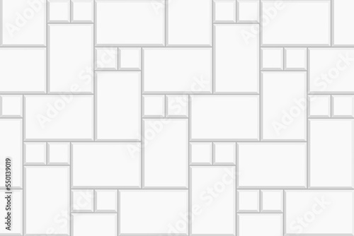 White herringbone inserted tile background. Stone or ceramic brick wall. Kitchen backsplash mosaic surface. Bathroom, shower or toilet floor decoration. Sidewalk texture. Vector flat illustration