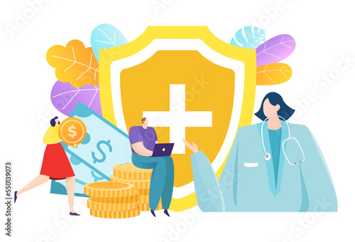 Business finance stock share investing, tiny people together healthcare investment flat vector illustration, isolated on white.