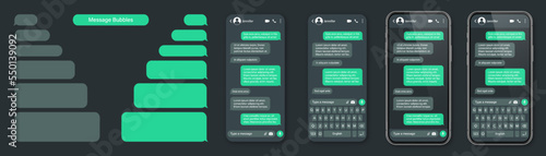 Realistic smartphone with messaging app. SMS text frame. Conversation chat screen with green message bubbles and placeholder text. Dark mode. Social media application. Vector illustration