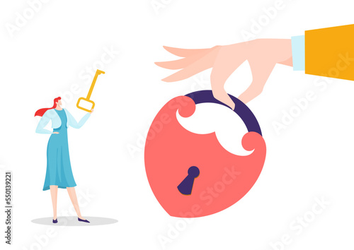 Male hand hold lovely lock from man heart, tiny cheerful woman character unlock key padlock flat vector illustration, isolated on white.