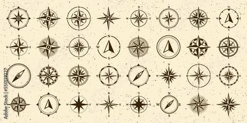 Vintage marine wind rose, nautical chart. Monochrome navigational compass with cardinal directions of North, East, South, West. Geographical position, cartography and navigation. Vector illustration.