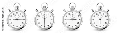 Realistic classic stopwatch icons. Shiny metal chronometer, time counter with dial. Countdown timer showing minutes and seconds. Time measurement for sport, start and finish. Vector illustration