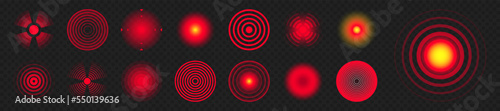 Pain localization marks. Painful area, aching spot. Red circles, targets. Headache, bruised body part marker. Back, neck, muscle pain symbol. Healthcare ad, medical information. Vector illustration.
