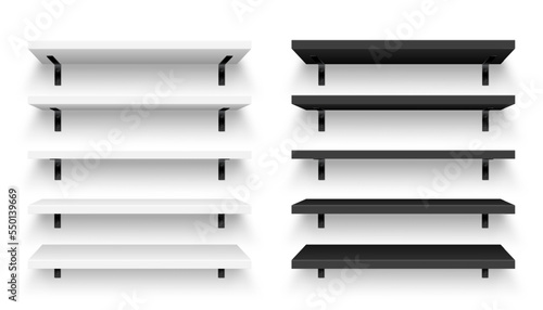 Realistic store shelves with wall mount. Empty product shelf, grocery wall rack. Mall and supermarket furniture, bookshelf. Modern interior design element, room decoration. Vector illustration