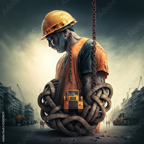Modern slavery of construction worker, violation of human rights, slavery, forced labour, debt bondage, human exploitation and intimidation for personal or commercial gain photo