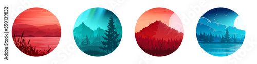 Colorful wild nature landscape, panorama with mountains, hills and forests. Travel and adventure, camping, wildlife. Coniferous trees, bushes and grasses. Vector illustration