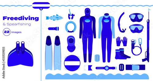 freediving icons, freediving and spearfishing equipment: monofin, fins, wetsuit, hooded wetsuit, mask, snorkel, torch, socks, buoy, crossbow, neck weight, gloves, nose clip, line, dive belt and more