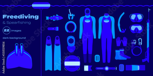 freediving icons, freediving and spearfishing equipment: monofin, fins, wetsuit, hooded wetsuit, mask, snorkel, torch, socks, buoy, crossbow, neck weight, gloves, nose clip, line, dive belt and more
