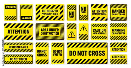 Various black and yellow warning signs with diagonal lines. Attention, danger or caution sign, construction site signage. Realistic notice signboard, warning banner, road shield. Vector illustration © 32 pixels