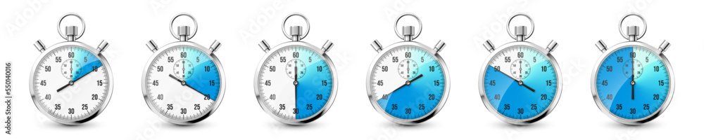 Realistic classic stopwatch icons. Shiny metal chronometer, time counter with dial. Blue countdown timer showing minutes and seconds. Time measurement for sport, start and finish. Vector illustration Realistic classic stopwatch icons. Shiny metal chronometer, time counter with dial. Blue countdown timer showing minutes and seconds. Time measurement for sport, start and finish. Vector illustration
