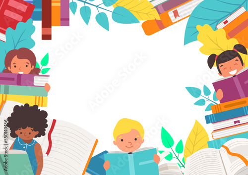 Obtain knowledge student children read teenager textbook, text place schoolbook advertising banner flat vector illustration.
