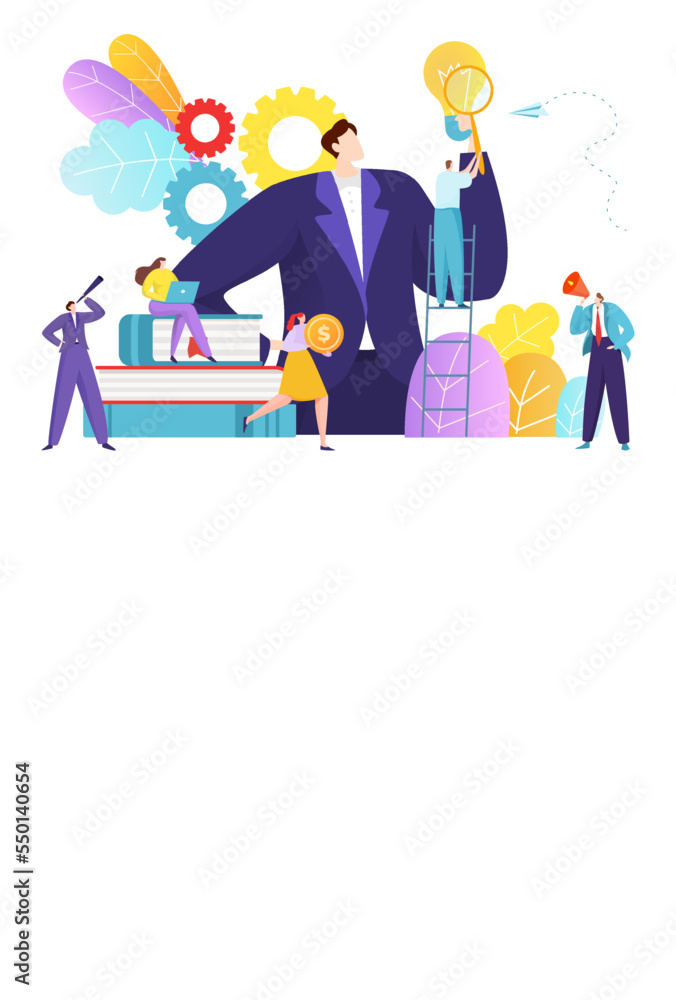 Business research innovation, teamwork tiny character together market analysis light bulb idea flat vector illustration, isolated on white.