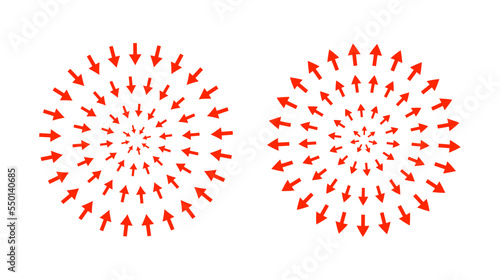 Red concentric arrows pointing to center. Epicenter, target, radar concept. Inward arrows.
