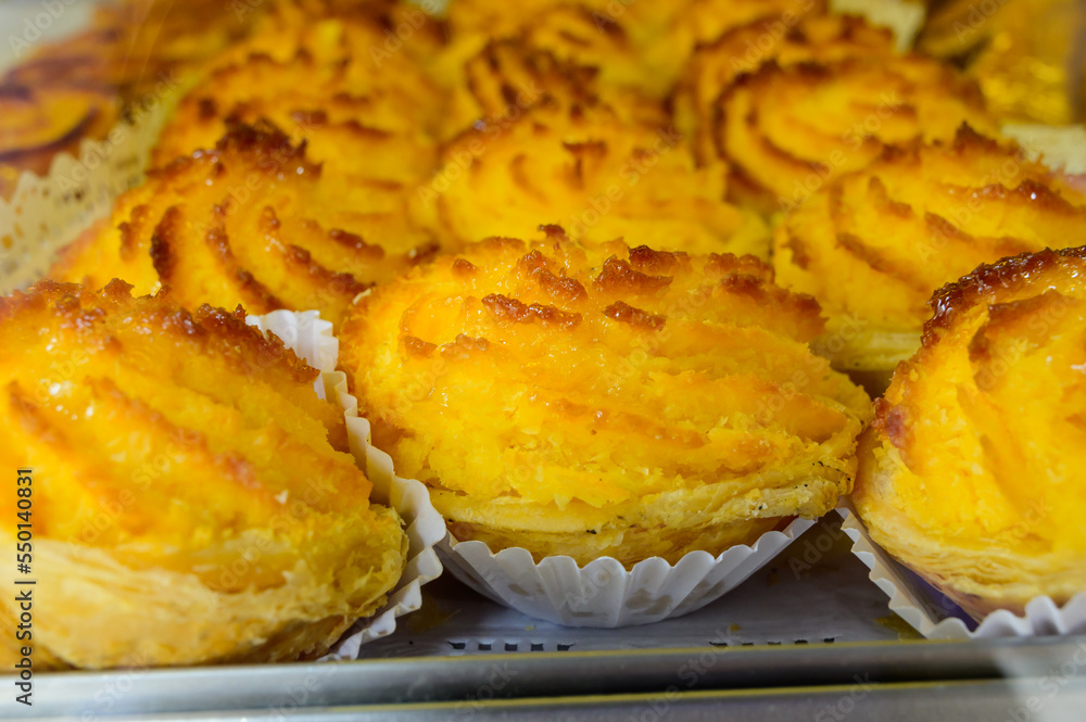 Baked sweet desserts cakes on display in balery in Lisbon, Portugal Baked sweet desserts cakes on display in balery in Lisbon, Portugal