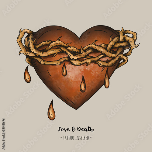 Vintage thorn heart, tattoo illustration