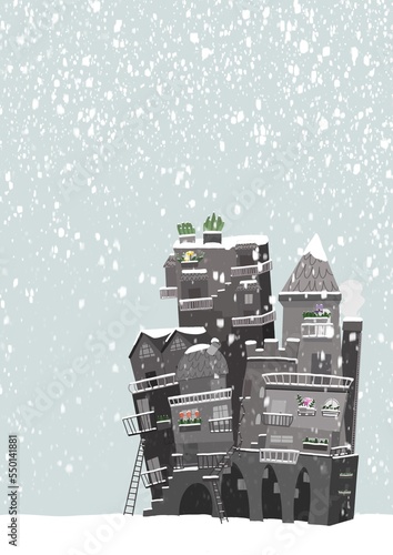 Illustrazione di Città nella neve, inverno, case grigie coperte da una nevicata, bufera di neve tra i palazzi, casette natalizie, cartolina di piccolo borgo coperto di bianco Con ampio spazio per test photo