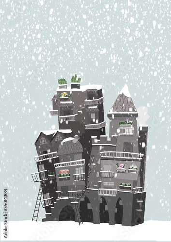 Illustrazione di Città nella neve, inverno, case grigie coperte da una nevicata, bufera di neve tra i palazzi, casette natalizie, cartolina di piccolo borgo coperto di bianco, spazio per scrivere, jpg photo