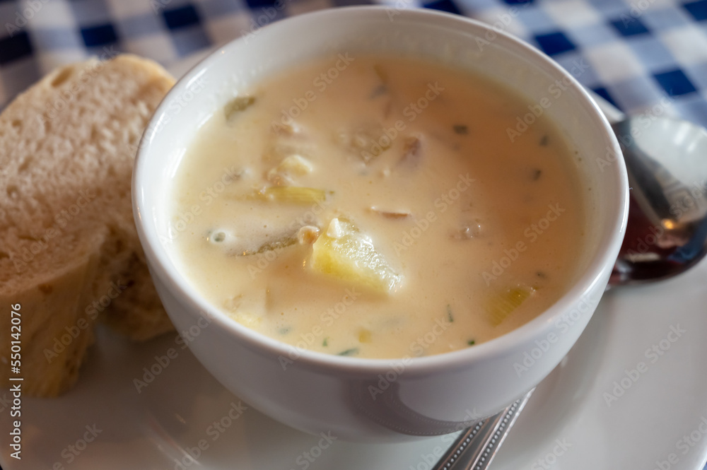 Traditional scottish white cream soup, cullen skink made with smoked paddock fish, Scotland Traditional scottish white cream soup, cullen skink made with smoked paddock fish, Scotland