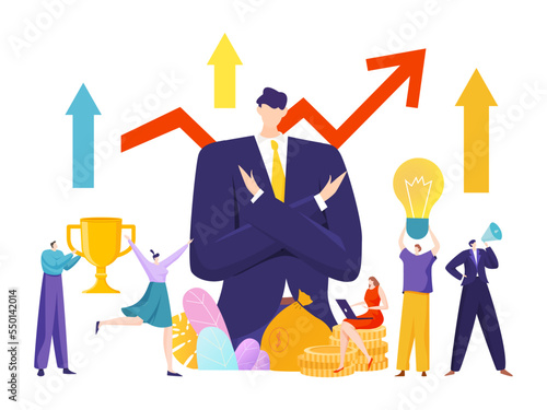 Successful business leader company achievement growth biz firm, creative light bulb idea flat vector illustration, isolated on white.