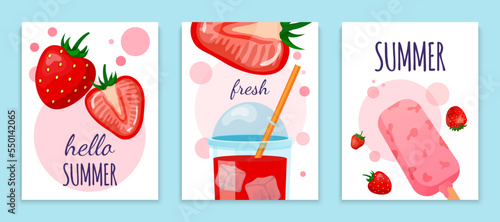 Strawberry summer soft drink card set, organic refreshing homemade lemonade natural beverage smoothies poster banner flat vector illustration.
