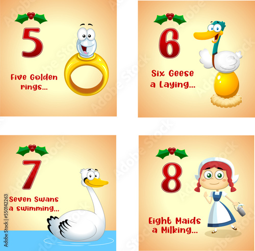 The 12 Days of Christmas Flat Design. Vector Collection Set Isolated On Transparent Background