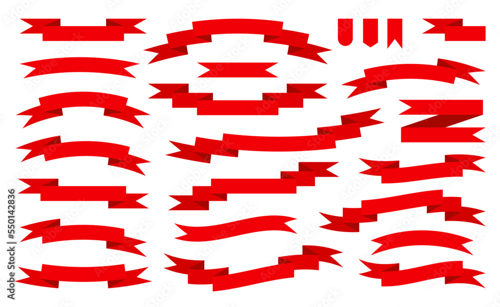 Red ribbon flat set. Blank tape banner for advertising promotion, sale text, heading, title decoration, badge, emblem, frame. Curled, scroll ribbons. Elegant retro flag, background stripe