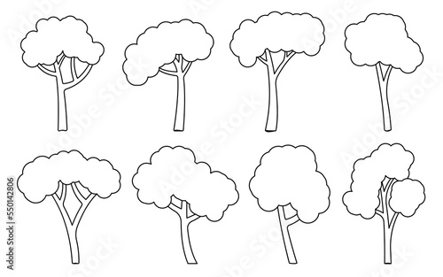 Tree black line set. Coloring book page forest foliage landscape floral element. Different shape botanical park plant. Natural eco garden. Maple oak birch aspen ash contour for stencil stamp cutting