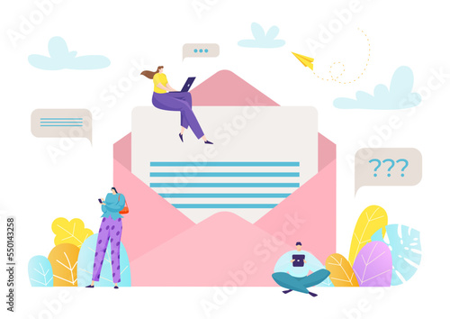 Online writing email send message, tiny character sitting internet mail letter flat vector illustration, isolated on white.