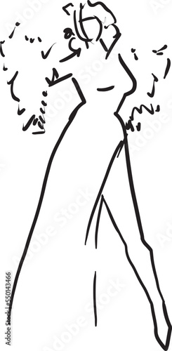 Vector handdrawn sketch fashion illustration with woman in an evening dress and short fur coat. Doodle woman on holiday. The concept of holiday dress, party. Rich luxury life. Stylish dress. Line art.