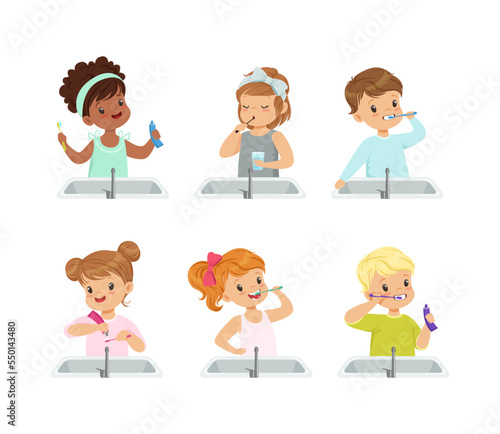 Little Kids Brushing Teeth Standing at Bathroom Wash Stand with Toothbrush and Paste Vector Set
