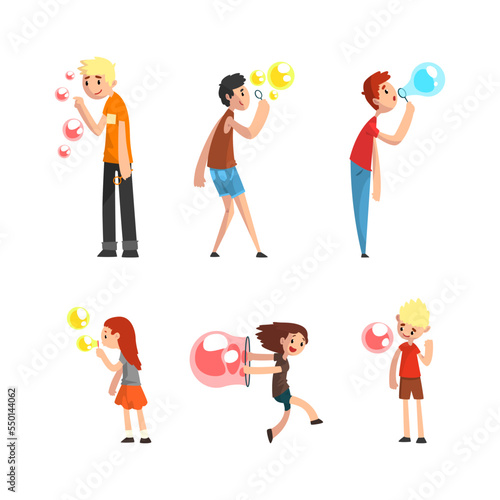 Cheerful Teen Boy and Girl Blowing Colorful Soap Bubbles Having Fun Vector Set