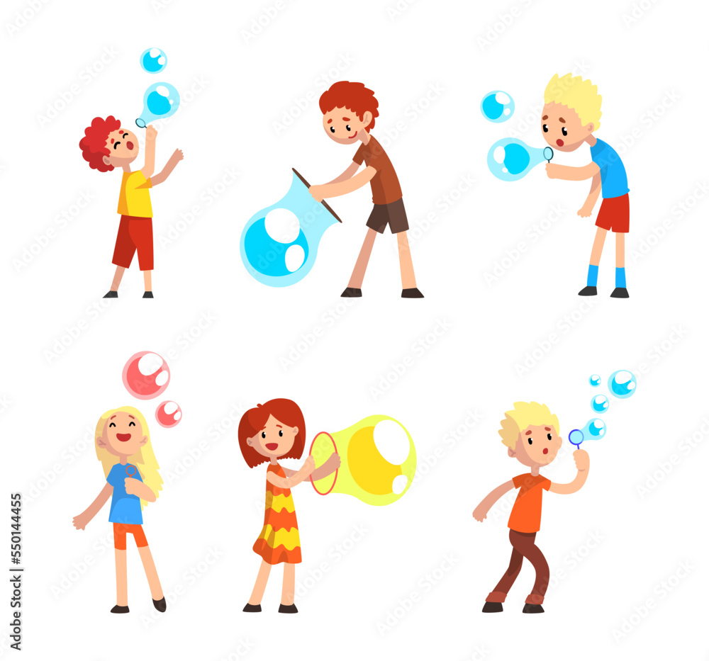 Cheerful Teen Boy and Girl Blowing Colorful Soap Bubbles Having Fun Vector Set Cheerful Teen Boy and Girl Blowing Colorful Soap Bubbles Having Fun Vector Set