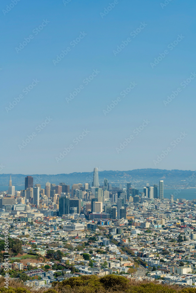 san francisco downtown with ocean and moutains