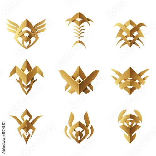 Golden Abstract Tribal Symbols on a White Background
