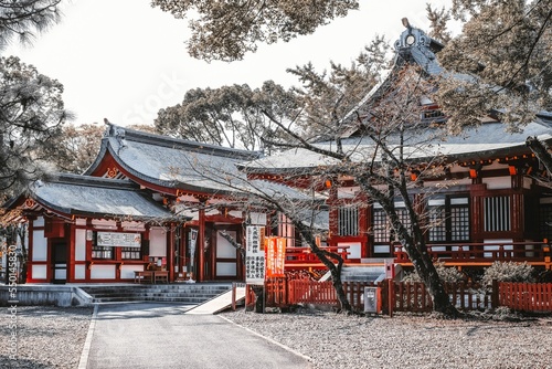 Scenic view of a red beautiful Japanese shrine in Shizuoka, Japan