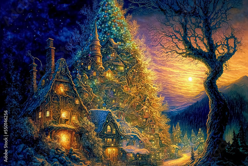 Christmas magic village in vintage style. Winter rural landscape. Christmas Holidays. Christmas card. 3d illustration