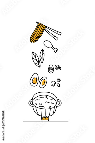 Ingredients for making ramen. Cooking instant noodles and spaghetti, hand-drawn vector illustration. Doodle Korean Ramen