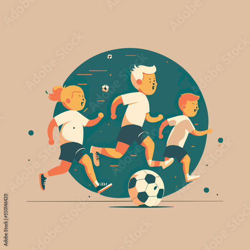 Kids playing football soccer boy girl children kid player in action kicking soccer ball, for a football club or soccer club logo design, isolated flat illustration
