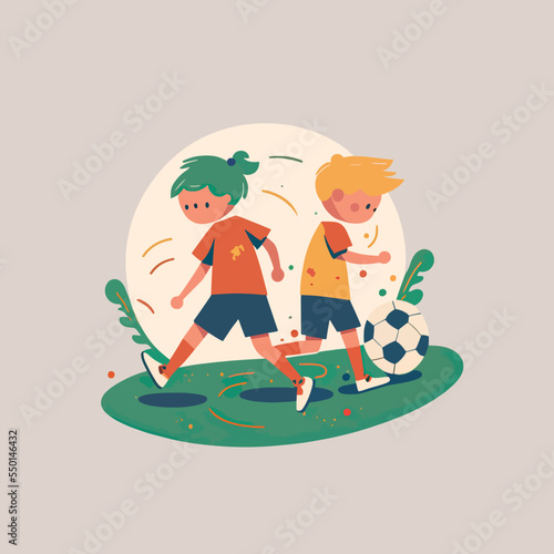Kids playing football soccer boy girl children kid player in action kicking soccer ball, for a football club or soccer club logo design, isolated flat illustration
