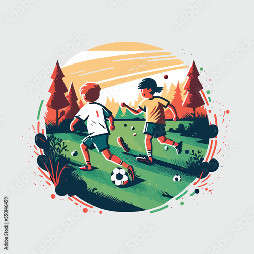 Kids playing football soccer boy girl children kid player in action kicking soccer ball, for a football club or soccer club logo design, isolated flat illustration
