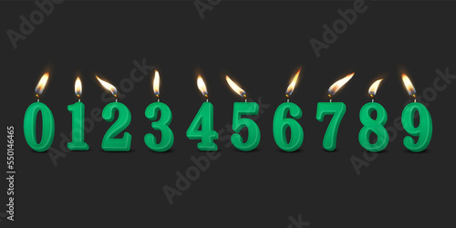 Vector 3d Realistic Paraffin or Wax Burning Green Birthday Party Candles, Numbers and Different Flame of a Candle Icon Set Isolated. Design Template, Clipart, Birthday Concept. Front View